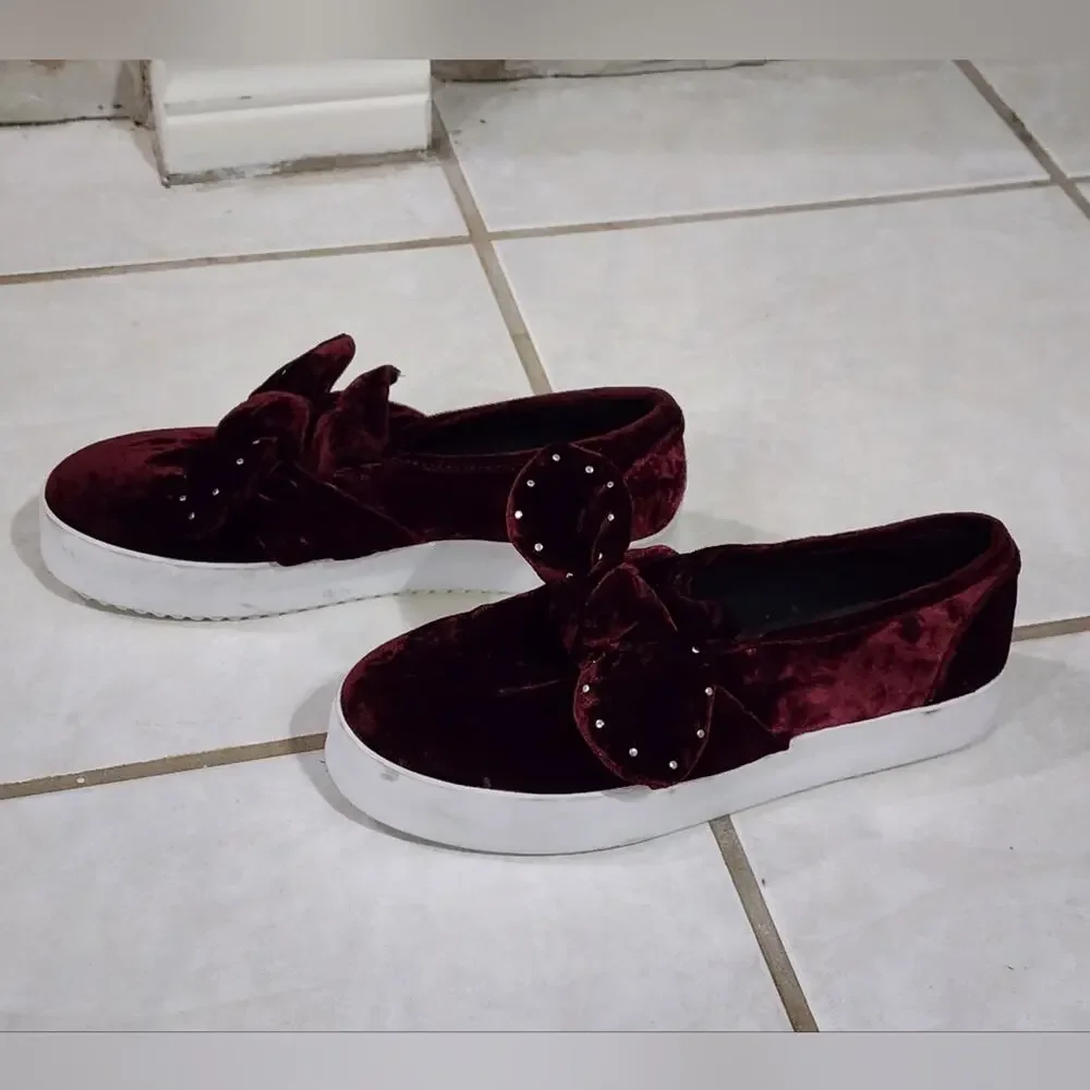 Rebecca Minkoff Burgundy Velvet Rhinestone Bow Platform Slip On Sneakers‎ 7.5